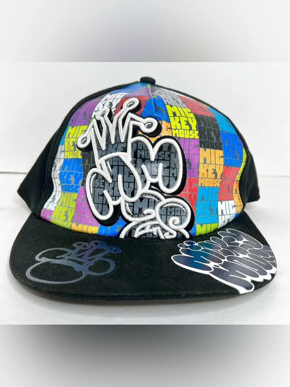 Disney Parks Mickey Mouse Graffiti L/XL Flex Fit Hat Adult Black Colorblock Cap